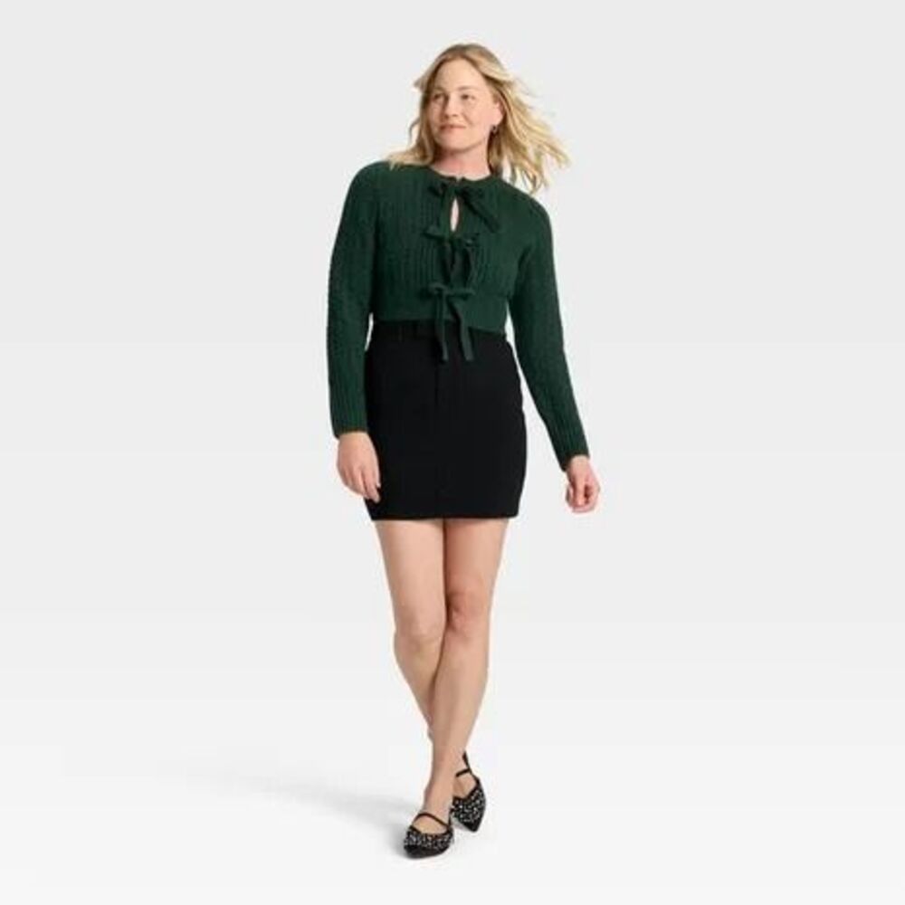 Women's Long Sleeve Bow Cardigan Sweater - A New Day Dark Green L